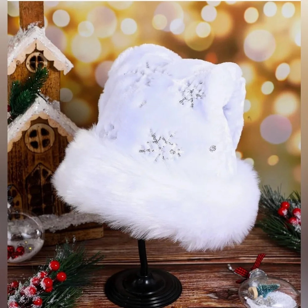 4 Pack Santa Claus Hat Snowflakes Plush Soft Faux Fur Silver Sequin Brand New - Picture 7 of 11